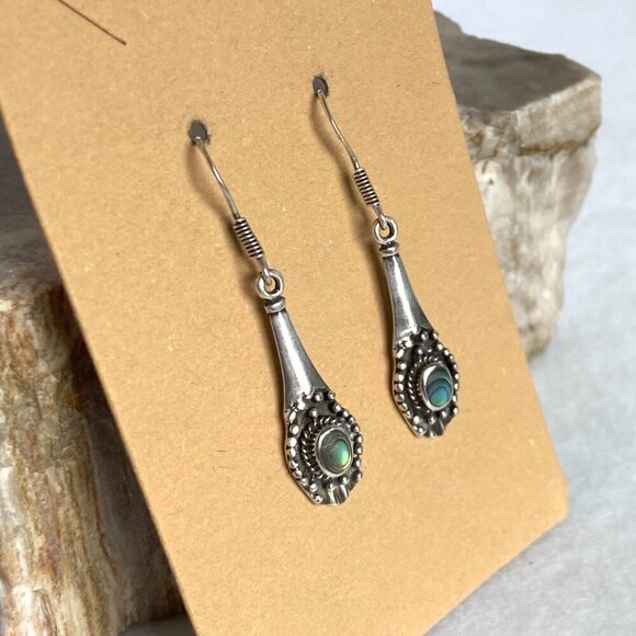 Sterling Silver 925 Dainty Abalone Elongated Dangle Drop Earrings - Picture 4 of 15